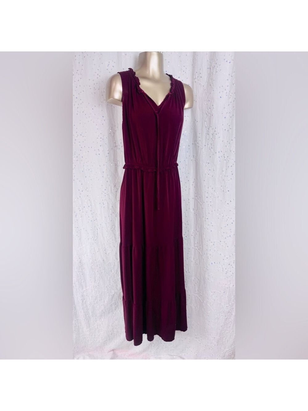 Kirundo Sleeveless Tiered Maxi Dress – Deep Wine Red, Size Large